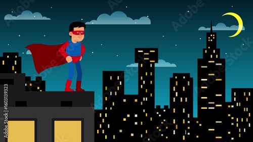 Superhero in red cape standing confidently on a rooftop at night, overlooking a modern city skyline under the moonlight. Looped animation