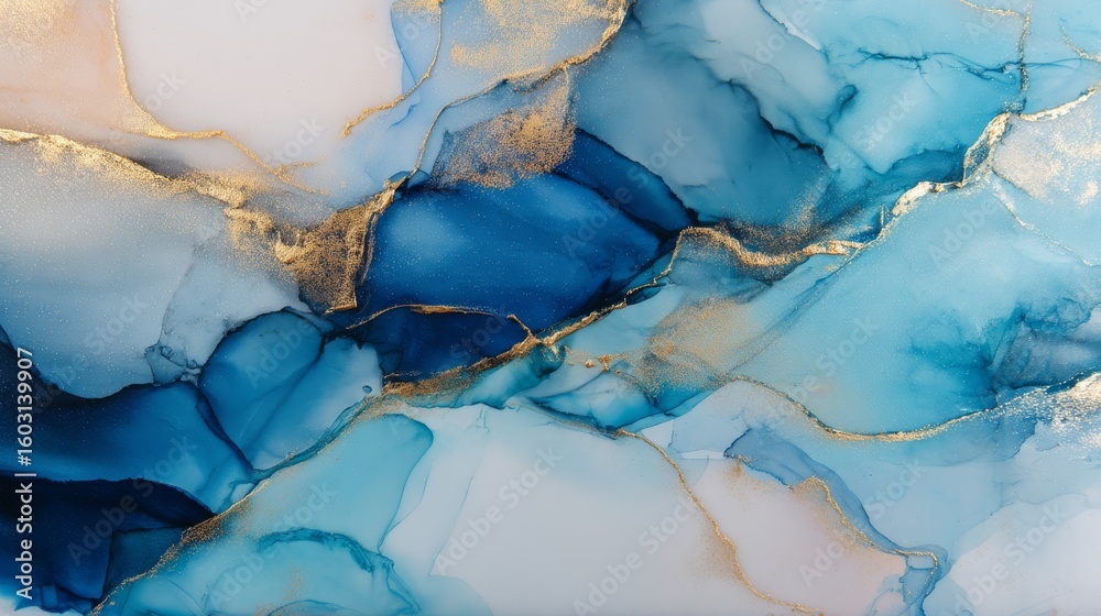 Fototapeta premium Fluid Art Blue and Gold Ink Wash, Abstract, ModernArt
