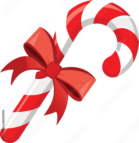 Festive red and white candy cane with a red bow isolated on transparent background