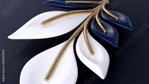 Close up of a decorative leaf ornament with blue and white leaves on dark