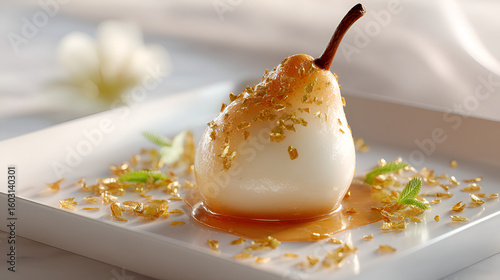 Elegant pear dessert with golden flakes, sauce, and mint on a white plate. Food styling perfection.
