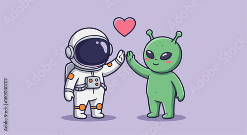 Cute astronaut and alien giving a high five, symbolizing friendship in space.