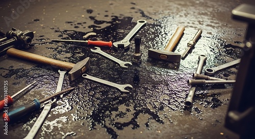 Essential hand tools like wrenches, screwdrivers, and hammers are scattered across a grimy, oil-stained workshop floor, depicting diligent manual labor and practical industrial repair.