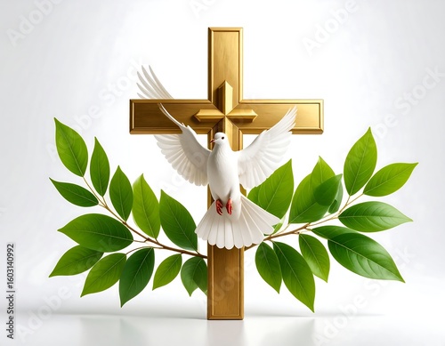 Gold cross with white dove and leaves