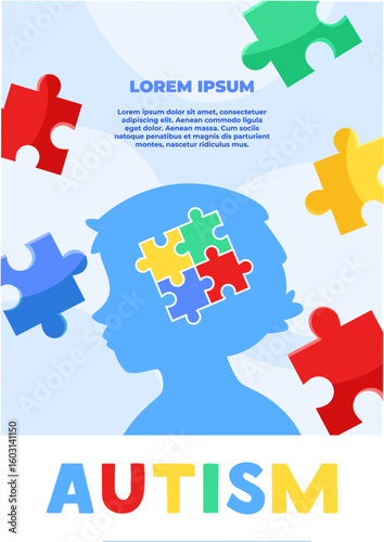 Silhouette of a childs head with colorful puzzle pieces inside, surrounded by floating puzzle pieces on a light background. Concept of autism. Vector illustration