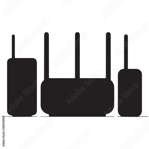 Black and white vector illustrations of a radio and computer, with a wireless internet router and antenna, depict essential network communication equipment