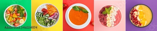 Collage of photos of different food in bowls on a colored background. Top view.
