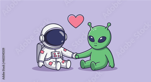 Cute cartoon astronaut and alien holding hands, a heartwarming intergalactic friendship.
