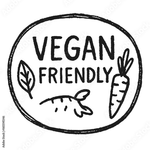 The vegan friendly stamp features a carrot, leaf, and radish, perfect for product labeling. Hand-drawn sketched doodle badge with scribble, marker, ink, vector label, transparent background