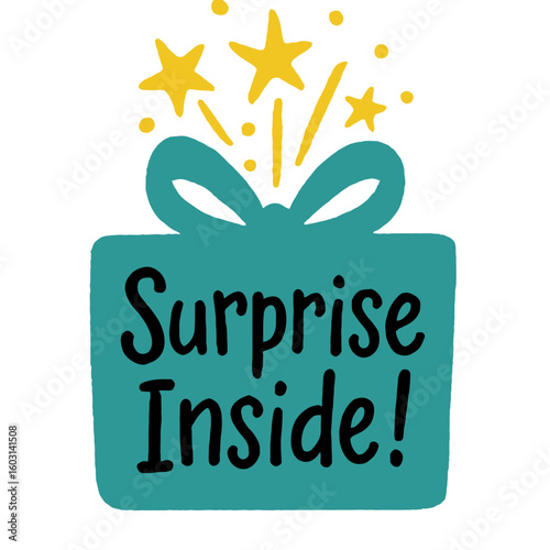 A surprise gift box with the words "Surprise Inside!" and stars bursting from it. Hand-drawn sketched doodle badge with scribble, marker, ink, vector label, transparent background