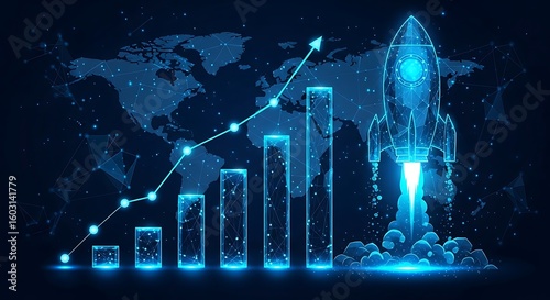 Business growth global concept startup rocket taking off with success