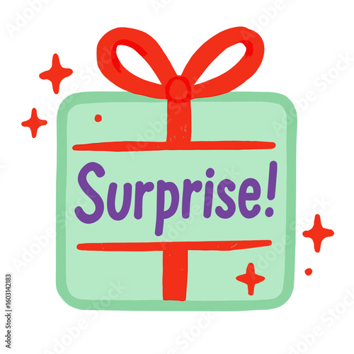 A colorful surprise gift box illustration, perfect for celebratory occasions and giving presents. Hand-drawn sketched doodle badge with scribble, marker, ink, vector label, transparent background