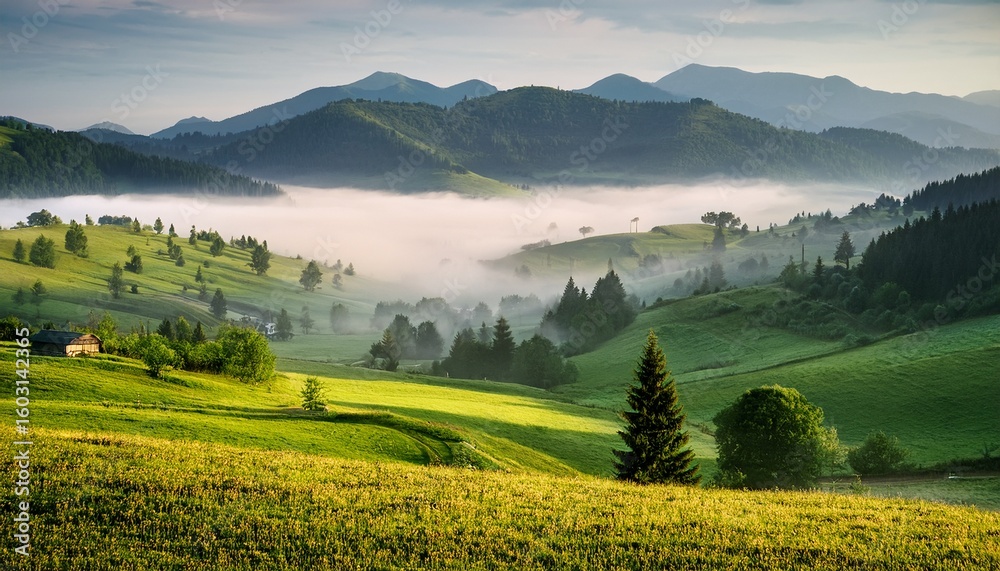 Fototapeta premium misty mountain valley lush green fields