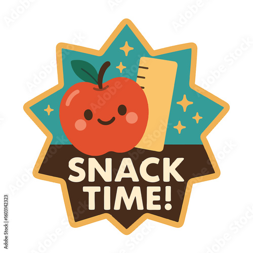 This delightful illustration shows a happy apple, a ruler, and "Snack Time!" on a charming star. Hand-drawn sketched doodle badge with scribble, marker, ink, vector label, transparent background