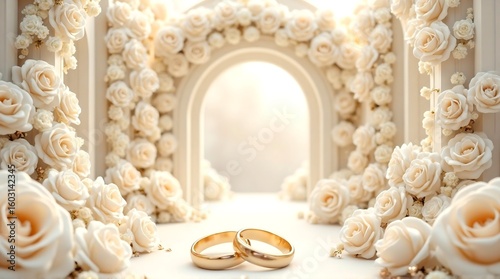 Elegant gold wedding rings nestled amidst abundant creamy white roses and a romantic archway, symbolizing eternal love and commitment.