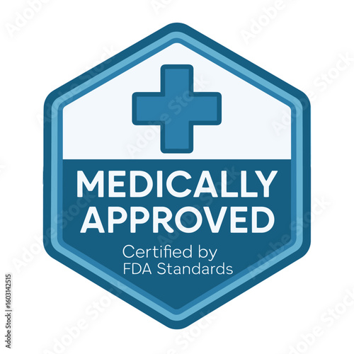 This image features a medically approved badge, certified by fda standards with a cross symbol. Modern flat vector sticker label with icon and badge style, transparent background