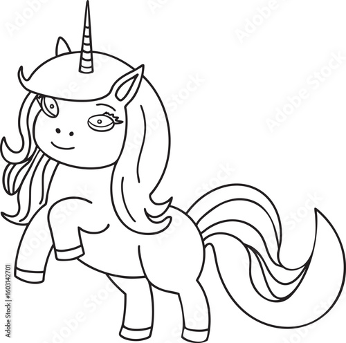 Unicorn cute outline hand-drawn illustration Great for kids coloring books, baby shower invitation, childrens birthday cards Simple design minimalist line art Fairy tale character