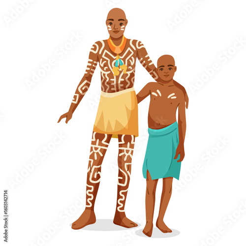 Tribal man with white body paint and young boy wearing traditional wraps standing together, flat graphic style, white background. Concept of culture. Vector illustration