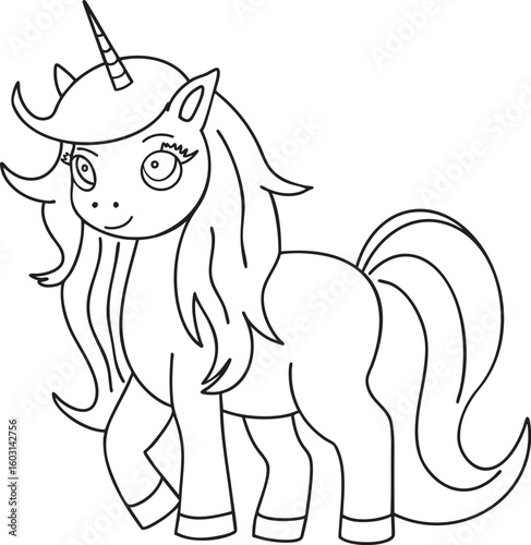 Unicorn cute outline hand-drawn illustration Great for kids coloring books, baby shower invitation, childrens birthday cards Simple design minimalist line art Fairy tale character