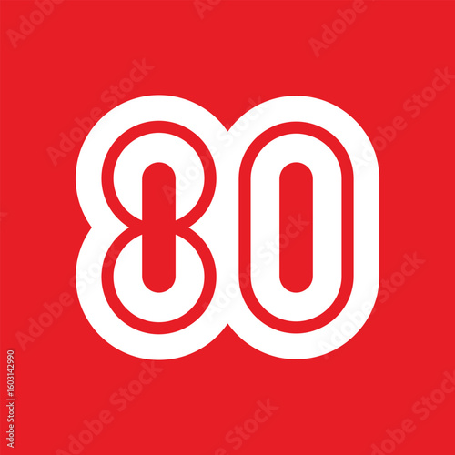 80. Number 80 design. Number 80 design illustration. Eighty text design on a red background.