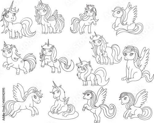Set of unicorns & pegasuses Cute outline hand-drawn illustration Great for kids coloring books, baby shower invitation, childrens birthday cards Simple design minimalist line art Fairy tale character