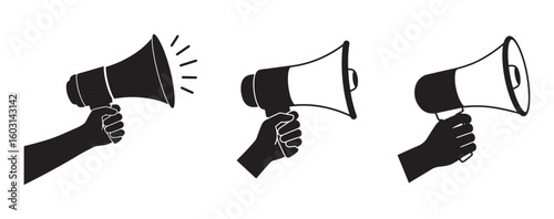 Collection of three diverse hand silhouettes holding megaphones for announcements and speech