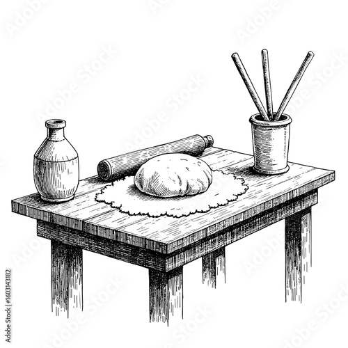 Table with dough kneading process and vintage black pen sketch  