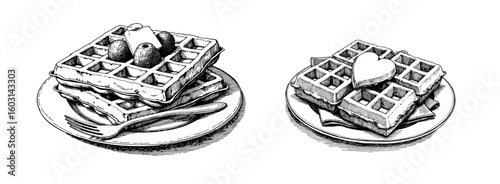 Vintage black pen sketch of Viennese waffles on a plate  