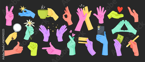 Multicolored cartoon hands making various gestures and holding items like flowers, hearts, and phones on a dark background. Concept of communication. Vector illustration