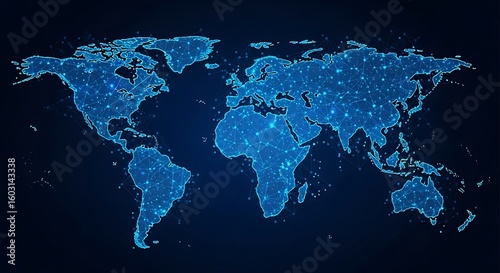 Digital glowing world map illustrating global connections and networks