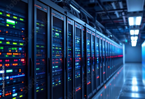 Rows of powerful servers humming in a modern data center,  data,  database