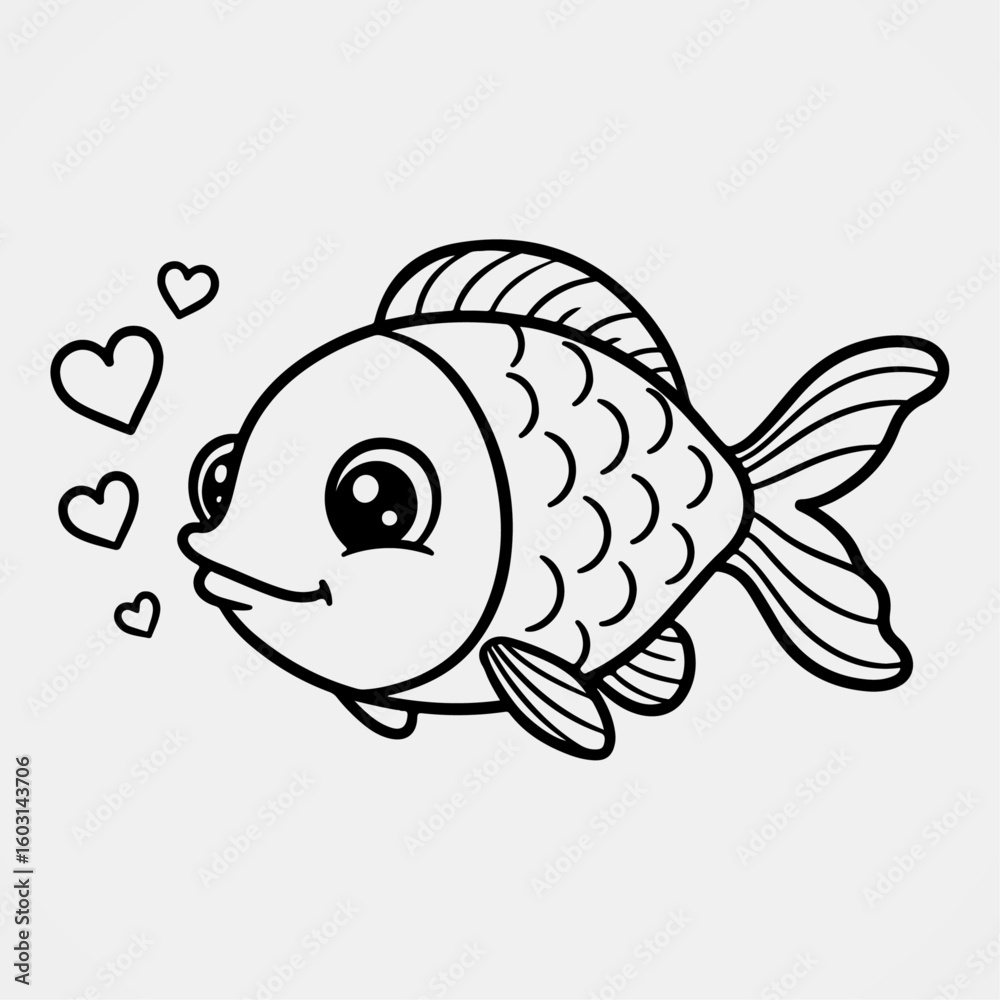 Obraz premium Cute cartoon fish with heart bubbles and round eyes in outlined art style perfect for children’s sea life coloring books and ocean projects