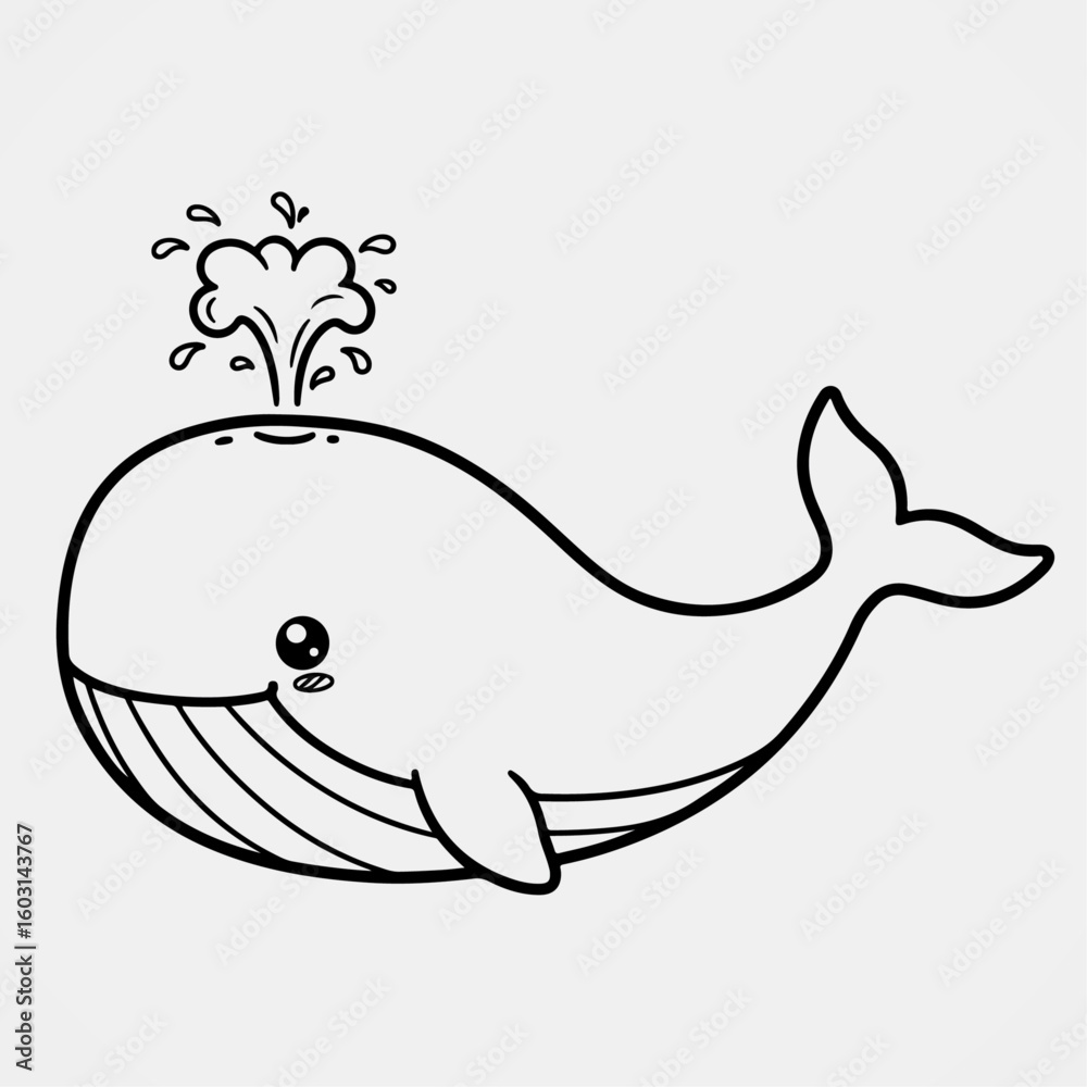 Obraz premium Happy cartoon whale splashing water from its blowhole in cute outlined drawing perfect for kids marine coloring books and activities