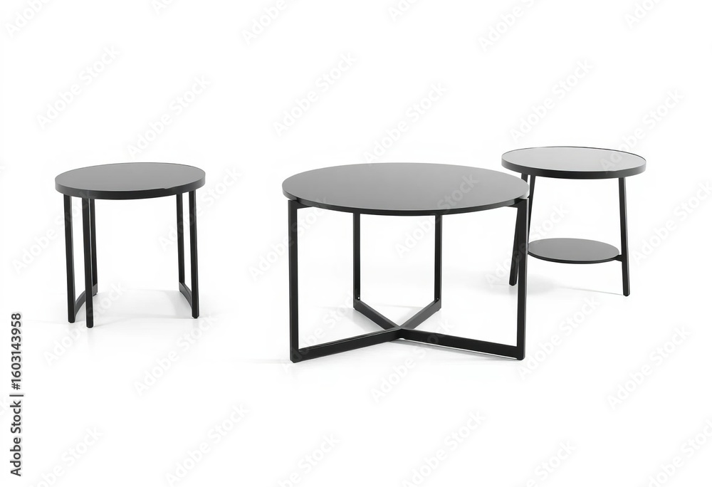 Sleek black silhouette coffee & side tables on white background, object, interior design Sleek black silhouette coffee & side tables on white background, object, interior design