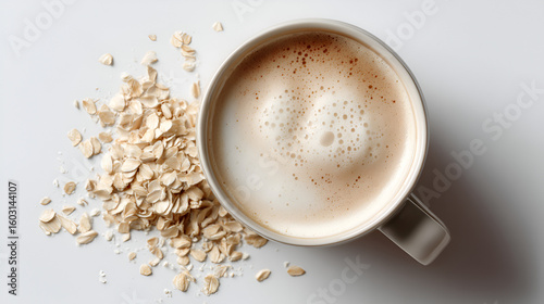 Oat milk latte with dry oats on a white surface, perfect for a comforting and healthy start to the day.