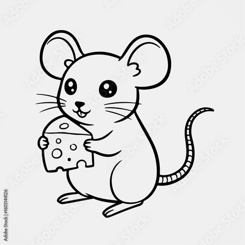 Cute baby mouse with a cupcake in its hands smiling in cartoon outline for kids printable coloring books and sweet snack pages