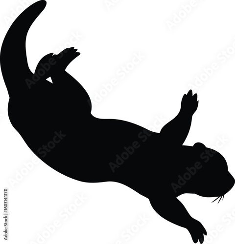 A playful black silhouette of an otter floating joyfully on a transparent background isolated on transparent background