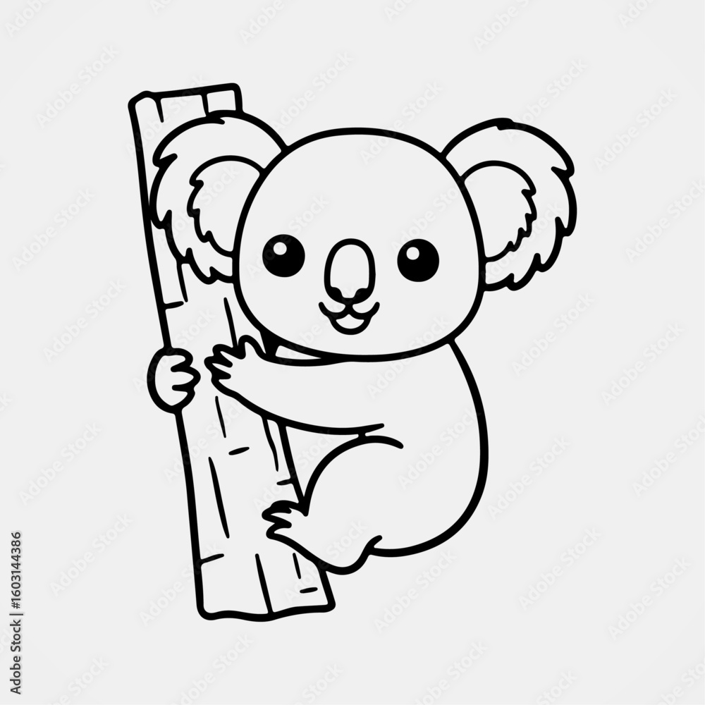 Obraz premium Cartoon koala hanging from a tree branch with happy eyes in line art style ideal for children’s coloring books and classroom use