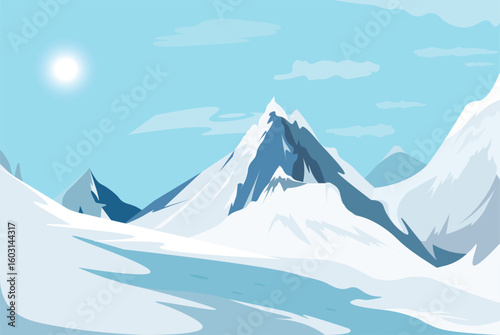 Snow-covered mountain peaks with a bright sun and soft clouds in the sky, flat graphic style on a clear blue background. Winter nature concept. Vector illustration