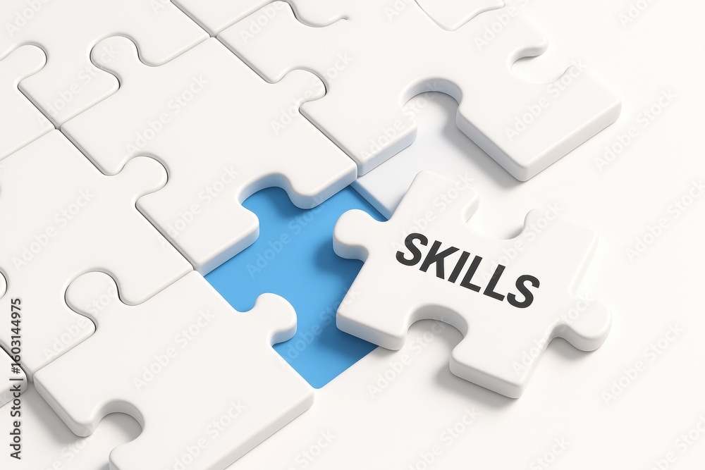Obraz premium Skills Puzzle Solution: A photorealistic visual of a puzzle with the word SKILLS on a piece, perfectly fitting into the empty space, symbolizing the importance of skills