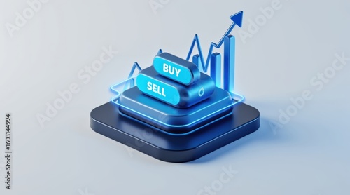 Futuristic 3d rendering of glowing blue buy and sell trading indicators with upward stock market graph