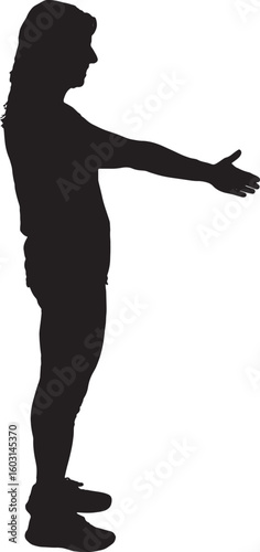 vector; silhouette of side view woman shaking hands with imaginary person