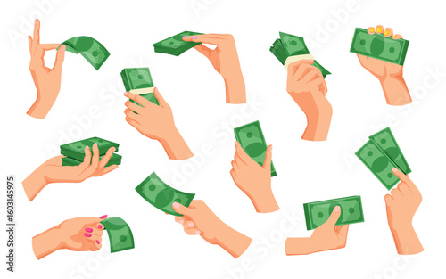 Set of cartoon hands holding, giving, and receiving money in various poses, flat graphic style on white background. Concept of cash handling. Vector illustration