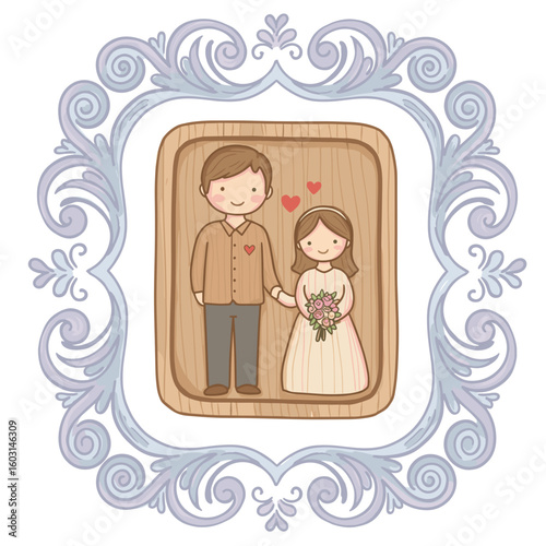 Cartoon couple holding hands in ornate frame with hearts  
