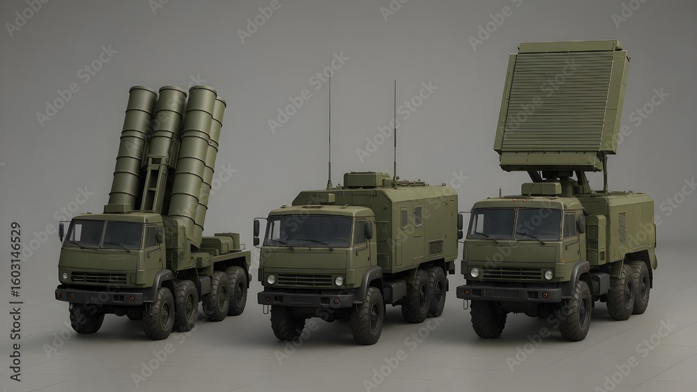 Obraz premium Short-Range SAM Launcher, Command Vehicle & Radar Truck — Studio Lineup Render