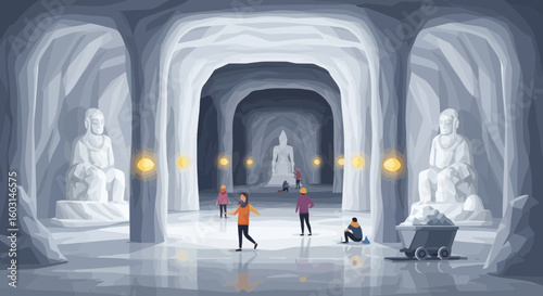An ancient underground temple cave adorned with sculpted statues illustration