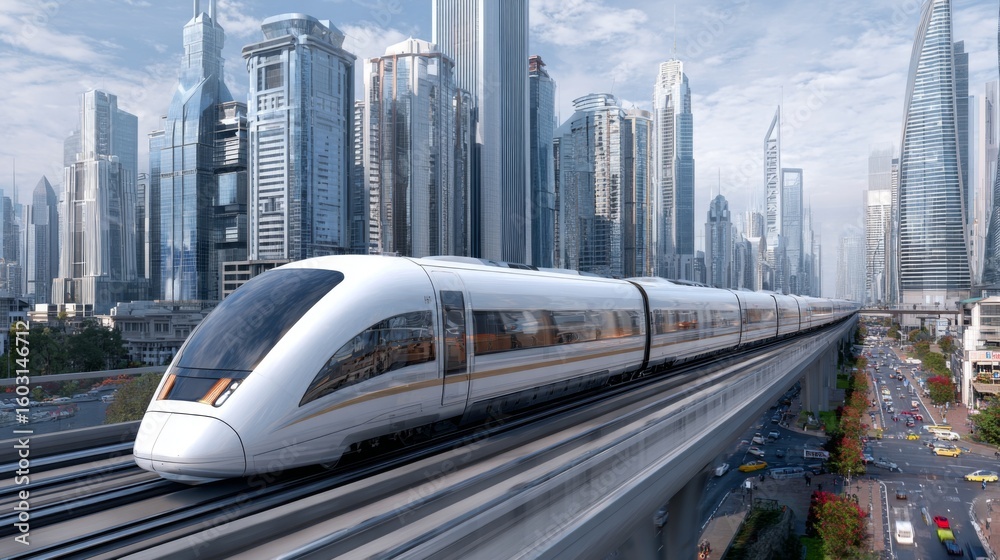 Naklejka premium A futuristic high-speed train gliding smoothly on elevated tracks above a bustling city, with skyscrapers and urban life below.