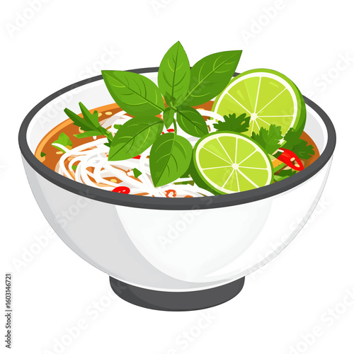 Delicious Noodle Soup In White Bowl With Lime And Herbs
