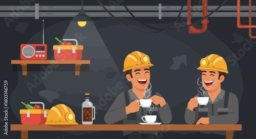 Two Happy Miners Enjoying a Coffee Break Underground After Work Together