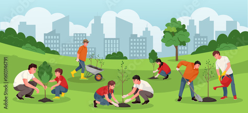 Group of people planting young trees in a park, flat cartoon style, urban cityscape background, concept of teamwork and environment care. Vector illustration
